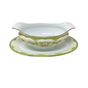 Noritake Marlene Gravy Boat with Attached Underplate Green Floral Preowned